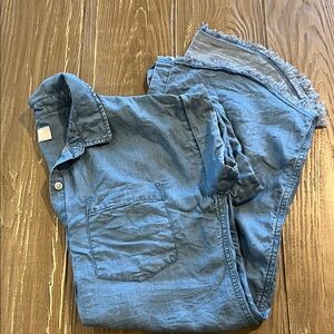 Thread & Supply Blue Button-Up Shirt Dress with Frayed Hem